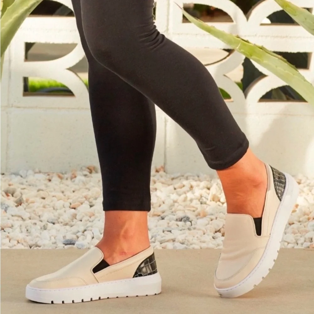 Vionic Dinora cream and black Croc or snakeskin Platform Slip On Sneaker